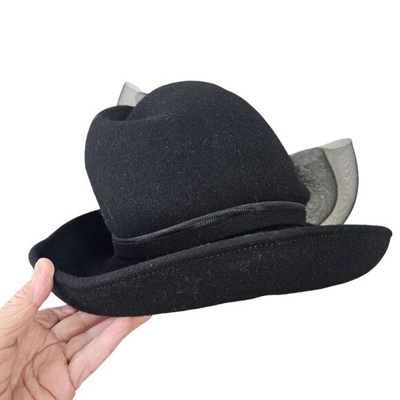 Signature Deborah Black Felt Kettle Brim Hat Sz 22.5" Crinoline Black Rhinestone - Picture 9 of 11